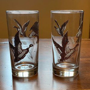 Vintage Set of 2 Libbey Gold Embossed Gold Trimmed Mallard Duck Highball Glasses
